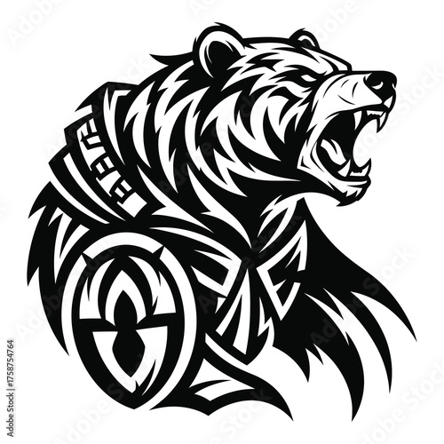 Bold bear roaring fiercely with tribal design, a powerful symbol for strength, perfect for logos, tattoos, and striking brand visuals today