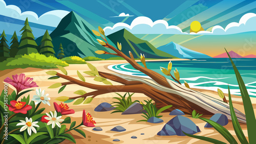 Very beautiful driftwood and wild coastal flowers resting on the sandy beach of Soldotna, Alaska, where gentle waves meet nature’s artistry in a peaceful and colorful shoreline scene.