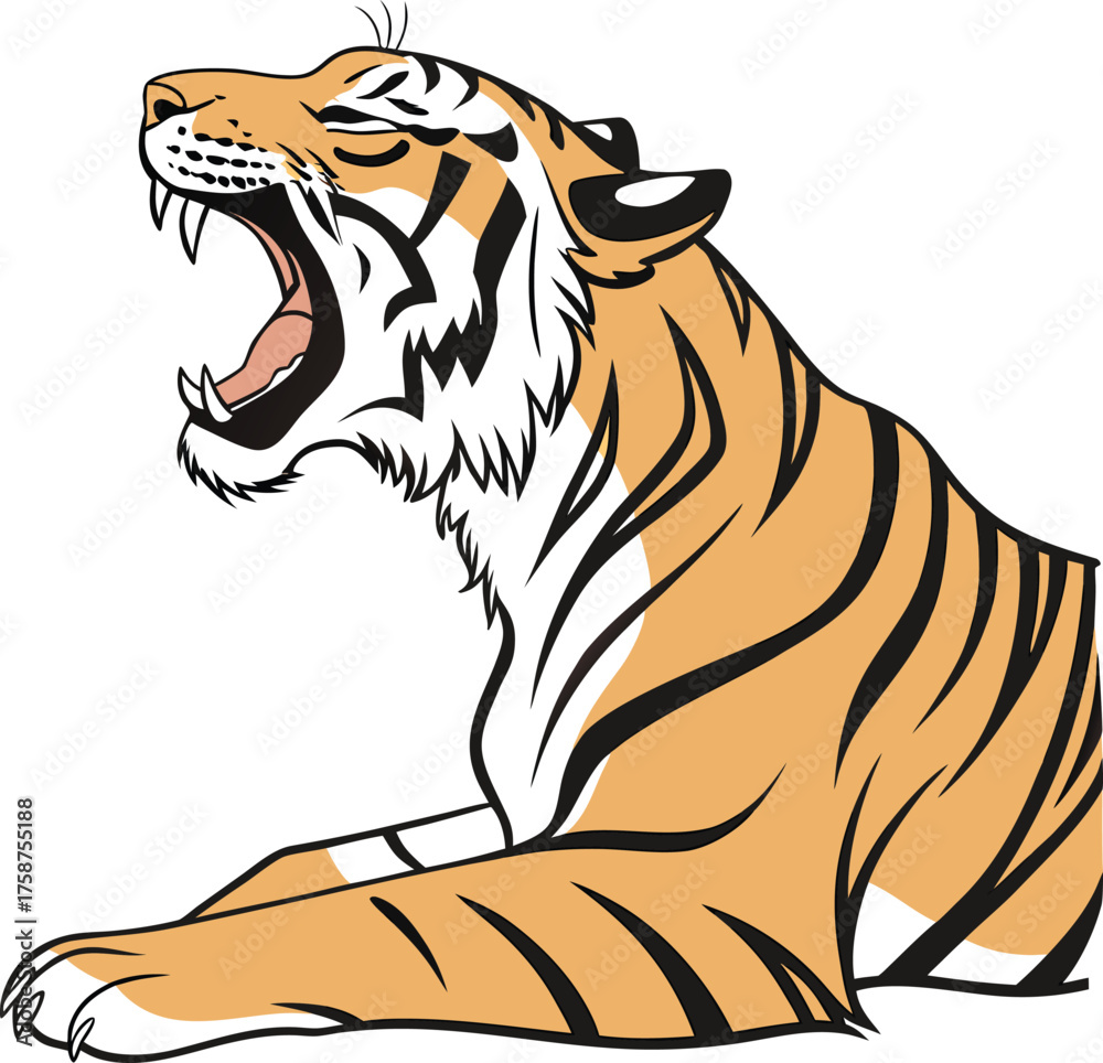 Obraz premium Colorful Cartoon Tiger with Open Mouth and Sharp Teeth in Detailed Style