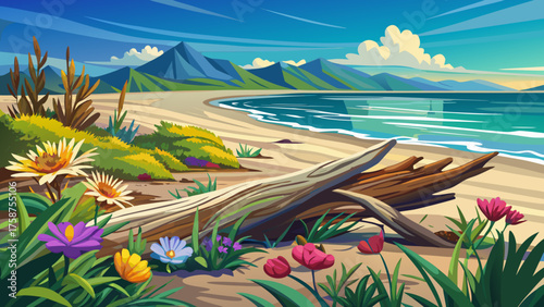Very beautiful driftwood and wild coastal flowers resting on the sandy beach of Soldotna, Alaska, where gentle waves meet nature’s artistry in a peaceful and colorful shoreline scene.