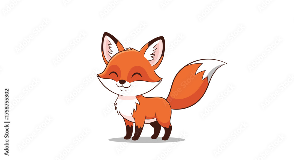 Obraz premium A cute cartoon fox with a bushy tail and bright eyes standing on a white background.