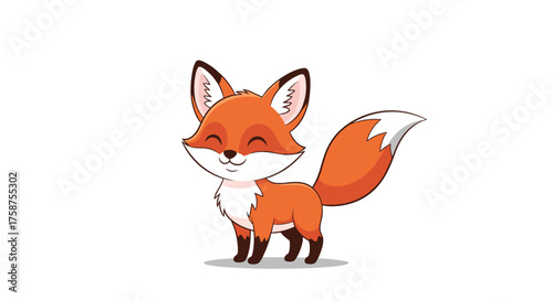 A cute cartoon fox with a bushy tail and bright eyes standing on a white background.