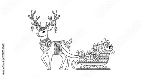 A beautifully decorated reindeer pulling a sleigh full of gifts during the holiday season.