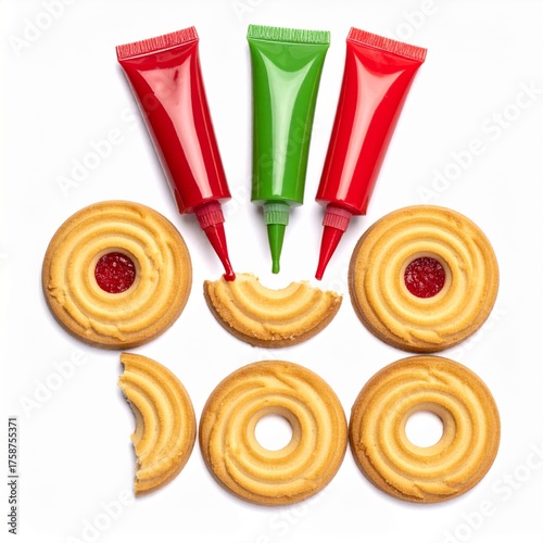 Sugar Cookies Being Decorated with Red and Green Icing on White Background