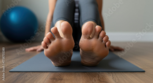 Person practicing yoga on mat with focus on feet indoors  
