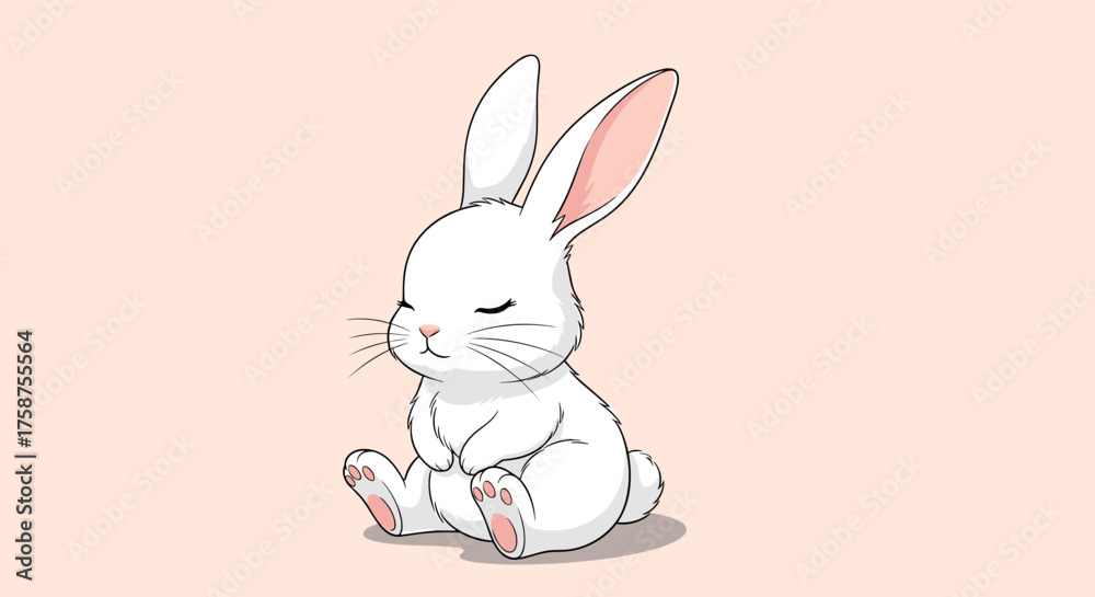 Obraz premium A cute fluffy white bunny with closed eyes is sitting peacefully on a soft pink background looking very calm and relaxed.