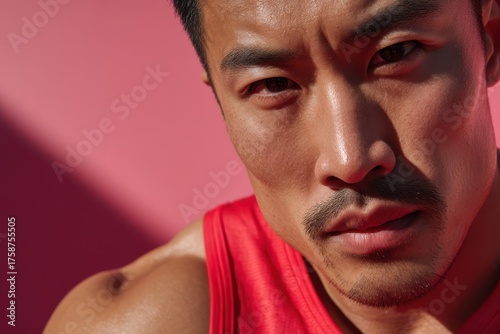 Serious man in red sleevele...