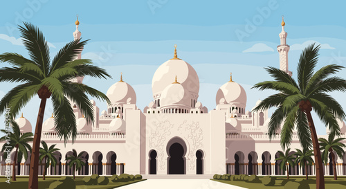 A stunning pixel art depiction of a grand mosque with majestic domes and minarets surrounded by palm trees and lush greenery on a clear day.