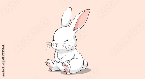 A cute fluffy white bunny with closed eyes is sitting peacefully on a soft pink background looking very calm and relaxed.