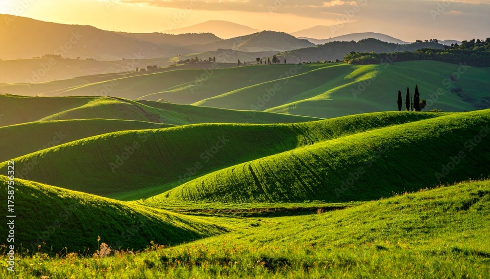 Obraz premium Rolling green hills of Tuscany at sunset with cypress trees.