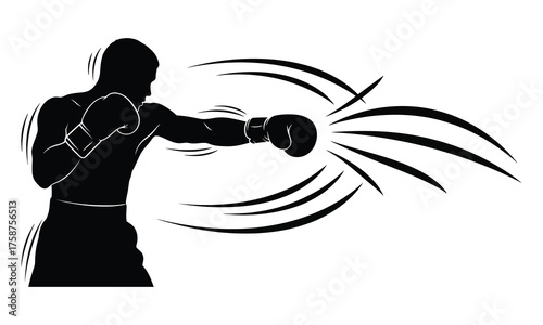 Dynamic silhouette of a boxer delivering a powerful uppercut with motion lines from a side perspective