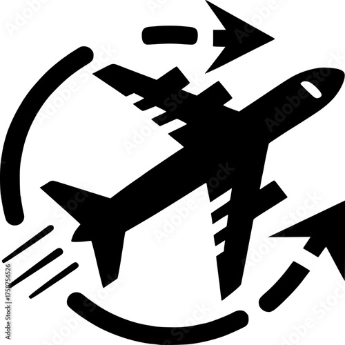 Global Soaring: A stark monochrome illustration of an airplane in flight, accented by sweeping arrows, symbolizing seamless global travel and interconnected journeys.