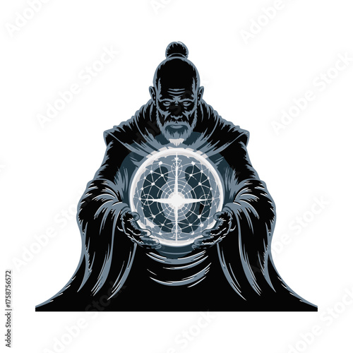 Mysterious sage holds glowing orb of cosmic energy and wisdom