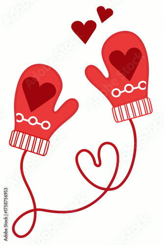 Romantic Red Mittens Heart Pattern Valentine's Day Winter Accessory Flat Vector