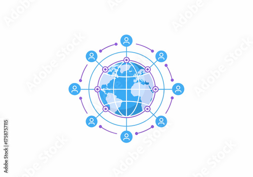 Global AI Technology Network: Flat 2D Vector Illustration of People Connecting Around a Digital Globe, Minimalist Design for Modern Communication and Data Exchange, Professional Tech Concept