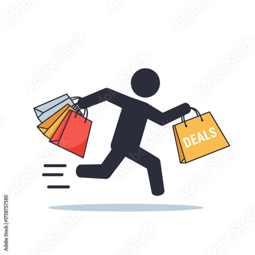 Person running with shopping bags showing deals and offers for purchases.