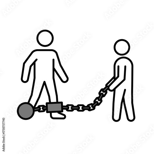 Two stick figures connected by a chain and ball.