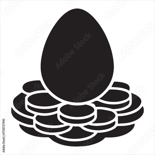 A Simple Black and White Illustration of an Egg Nestled on Coins