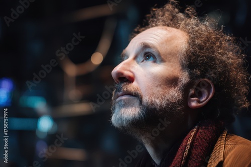 Curly-haired man gazing upw...