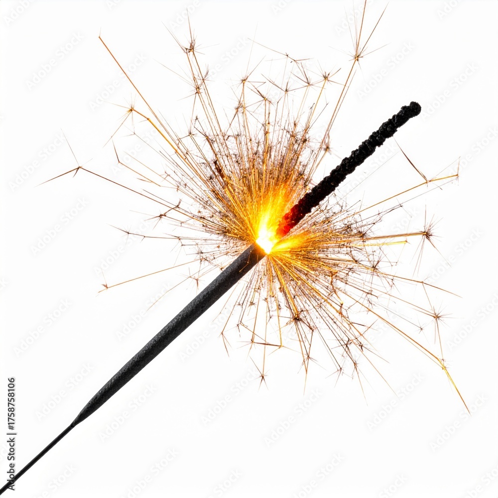 Obraz premium Glowing Sparkler with Golden Sparks Against Pure White Background Isolated