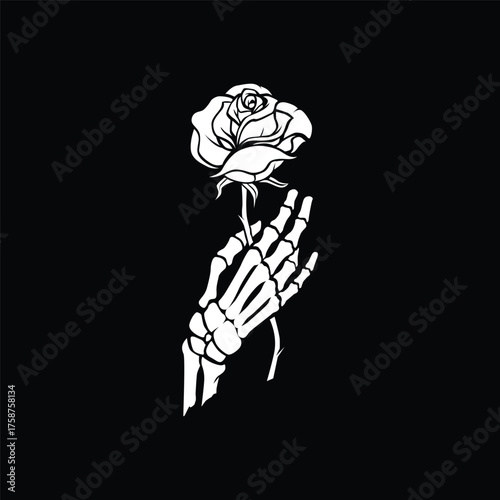 human skeleton hand with flowers. Collection of finger bones holding wildflower. Linear art. T-shirt design. Vector illustration of human limbs on a black background.