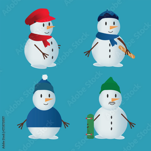 Cute snowman characters set, winter holiday illustration, christmas clipart collection
