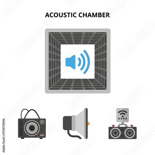 Acoustic chamber and sound equipment vector icon set.