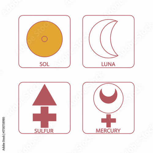 Ancient alchemical and astrological symbols for sun moon sulfur mercury.