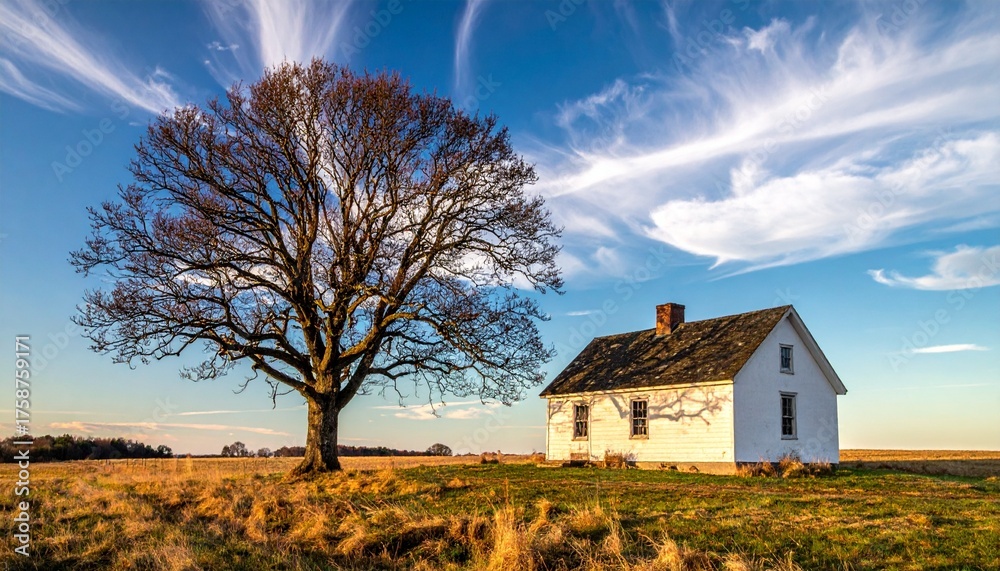 Obraz premium Solitary White House and Bare Tree in a Vast Field Under a Dramatic Sky.