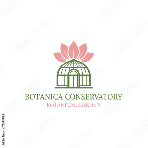 A stylized botanical logo featuring a greenhouse, lotus flower, and text, with a clean and minimal design