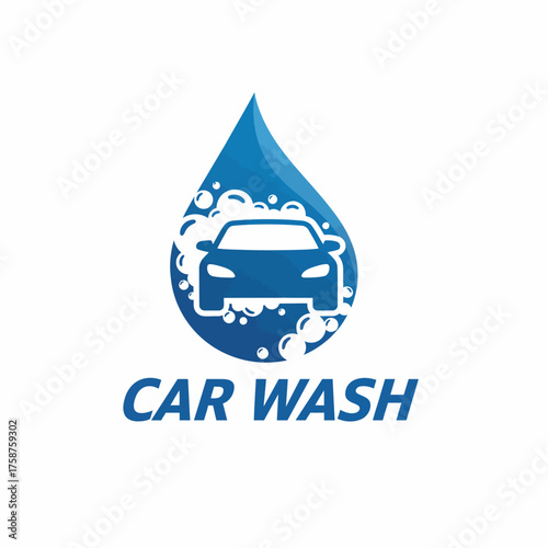 A blue water droplet logo featuring a car inside, surrounded by bubbles with the words "CAR WASH.