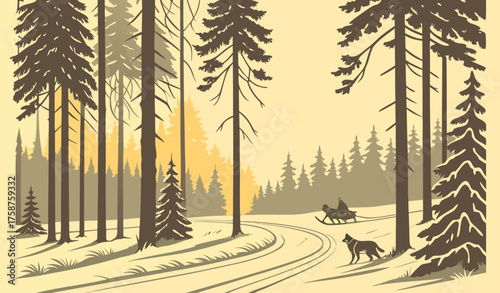 "Snow-covered pine forest with golden sunrise filtering through tall trees, fresh untouched snow on the ground, a traditional dog cart with huskies resting beside it, peaceful winter morning atmospher