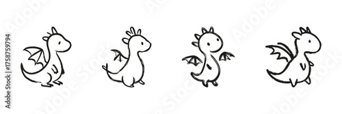Cute Baby Dragon Line Icon Set In Doodle Style. Fantasy Creature, Mythical Animal, And Imaginative Play Outline Symbol Collection. Hand Drawn Isolated Vector Illustration