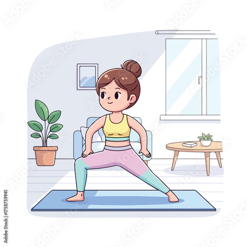 Woman practicing yoga in a bright, modern living room for wellness