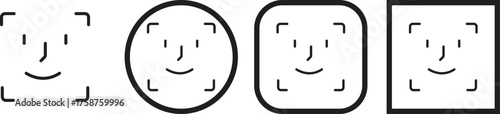 Face ID recognition icon set collection group in black color flat and line style, biometric face scan symbol, facial identification and security authentication vector