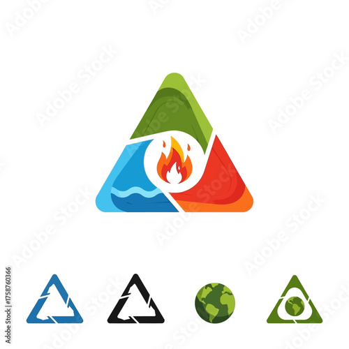 Four classical elements of nature in a triangle logo icon set.