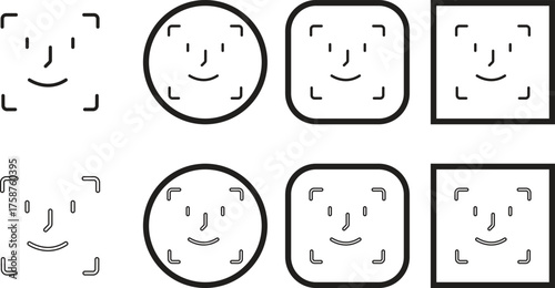Face ID recognition icon set collection group in black color flat and line style, biometric face scan symbol, facial identification and security authentication vector