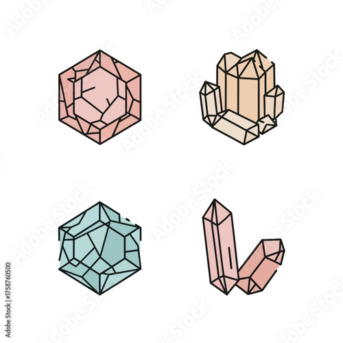 Four Crystal Formations - Geometric Mineral Illustrations in Pastel Hues.