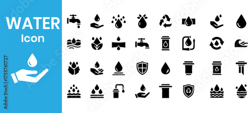 Collection of black and white water related icons on a blue background