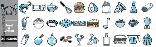 A collection of 30 food and drink icons featuring various culinary items, kitchen tools, and beverages in a flat design style.