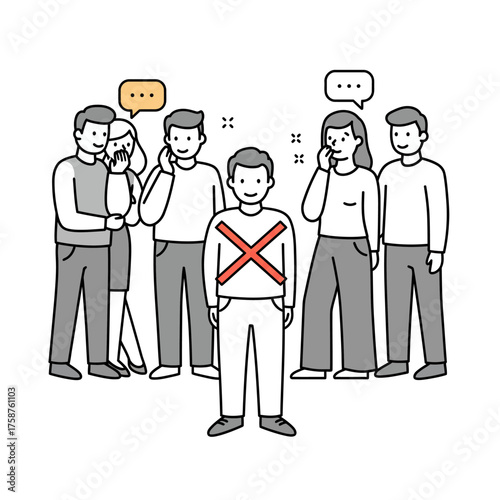 Man with red cross on chest feeling excluded from social group.
