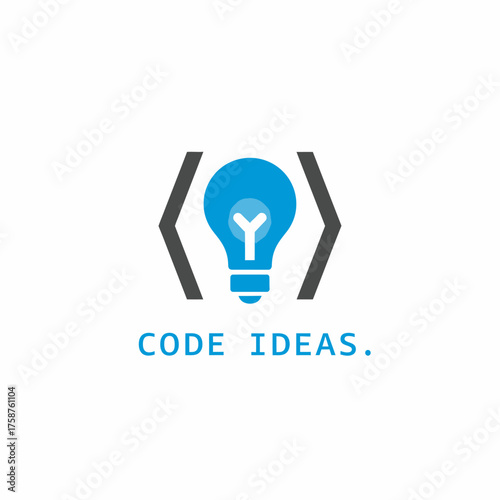 A lightbulb stylized within angle brackets, representing code, with the phrase "Code Ideas" in blue below