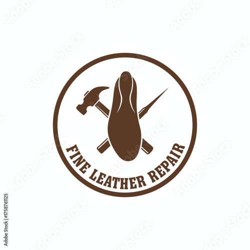 A circular logo with a shoe sole, hammer, and awl, representing leather repair services