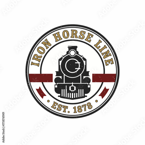 A vintage-style emblem of a steam engine with a circular frame and text