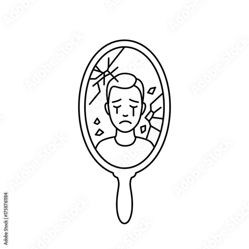 Sad Man Reflected in Cracked Mirror.