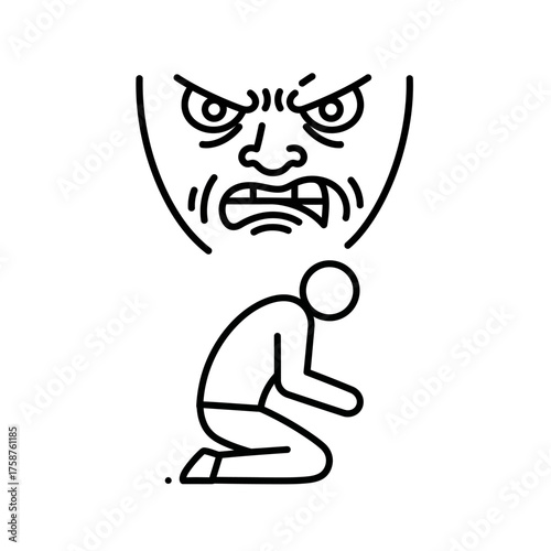 Person Kneeling in Fear Under Angry Face Symbolizing Intimidation and Bullying.