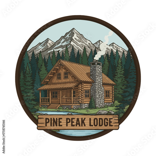 A detailed illustration of a cozy cabin nestled among mountains, trees, water, and a smokestack