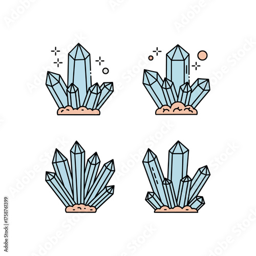 Set of four stylized crystal cluster illustrations in light blue and pink.