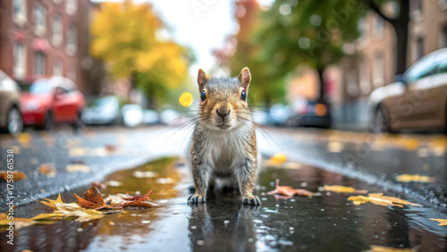 Curious squirrel sits on wet city street amidst autumn leaves vibrant foliage background low angle
