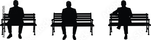 Business silhouettes sitting on benches, formal posture variations, professional men in suits, body language concept, corporate lifestyle, leadership, teamwork, discipline